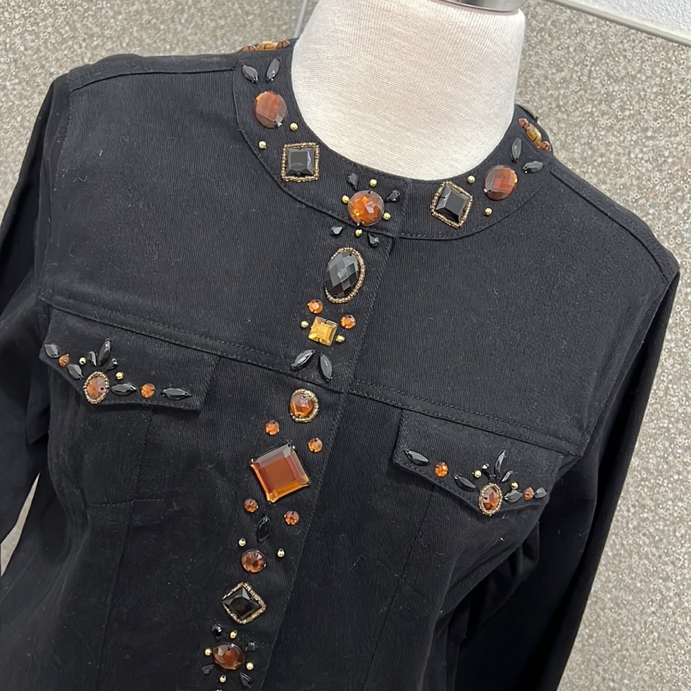 Black Denim Laura Ashley Rhinestone Jacket Size Large Petite